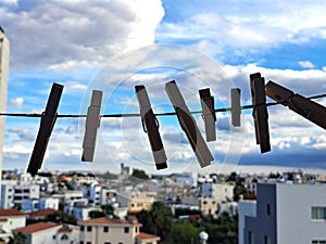 Pegs on a rope for hanging and drying clothes