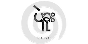 Pegu in the Myanmar emblem. The design features a geometric style, vector illustration with bold typography in a modern font. The