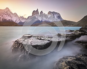 Pehoe Lake and Cuernos Peaks in the Evening, Torres del Paine National Park, Chile photo