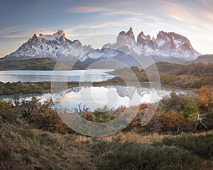 Pehoe Lake and Cuernos Peaks in the Morning, Torres del Paine National Park, Chile