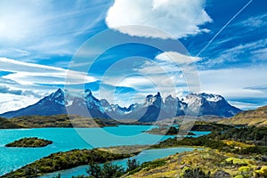 Pehoe lake and Guernos mountains landscape, national park Torres del Paine, Patagonia, Chile, South America photo