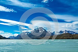 Pehoe lake and Guernos mountains landscape, national park Torres del Paine, Patagonia, Chile, South America