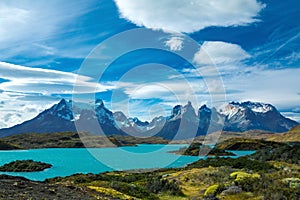 Pehoe lake and Guernos mountains beautiful landscape, national park Torres del Paine, Patagonia, Chile in South America