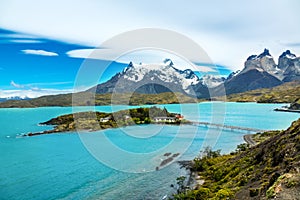 Pehoe lake and Guernos mountains landscape, national park Torres del Paine, Patagonia, Chile, South America