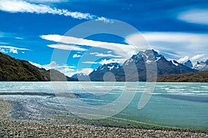 Pehoe lake and Guernos mountains landscape, national park Torres del Paine, Patagonia, Chile, South America