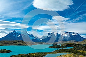 Pehoe lake and Guernos mountains landscape, national park Torres del Paine, Patagonia, Chile, South America