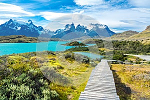 Pehoe lake and Guernos mountains landscape, national park Torres del Paine, Patagonia, Chile, South America