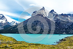 Pehoe lake and Guernos mountains landscape, national park Torres del Paine, Patagonia, Chile, South America