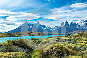 Pehoe lake and Guernos mountains landscape, national park Torres del Paine, Patagonia, Chile, South America photo