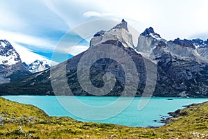 Pehoe lake and Guernos mountains landscape, national park Torres del Paine, Patagonia, Chile, South America photo