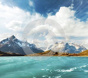 Pehoe Lake and Los Cuernos, Chile.