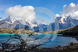 Pehoe lake in Torres del Paine chilean national park in Patagonia