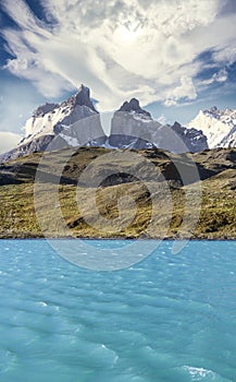 Pehoe mountain lake and Los Cuernos, Chile. photo