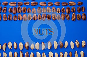 Pekan and brazil nuts on blue background. Healthy food