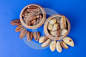 Pekan and brazil nuts on blue background. Healthy food