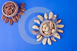 Pekan and brazil nuts on blue background. Healthy food