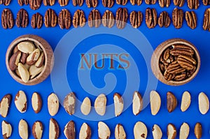 Pekan and brazil nuts on blue background. Healthy food photo