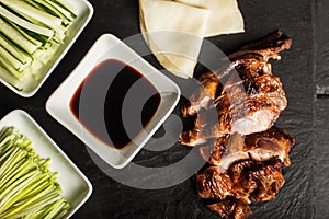 Peking Duck. China traditional food. Restaurant. Top view. Close up