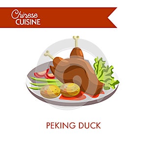 Peking duck with potatoes, tomatoes and green salad on plate