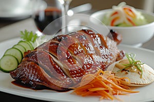 Peking Duck: Succulent roasted duck served with thin pancakes, hoisin sauce, and julienned vegetables