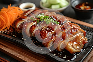 Peking Duck: Succulent roasted duck served with thin pancakes, hoisin sauce, and julienned vegetables