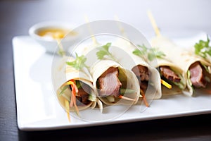 peking duck wraps with sauce in a row