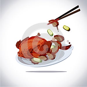 Peking duct. roast duck searv in dish with sauce and cucamber. traditional chinese food - vector illustration