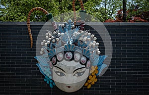 peking opera mask on brick wall background