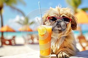 Pekingese dog is relaxing on the beach with a cocktail. Resort holiday concept with pets. Generative AI