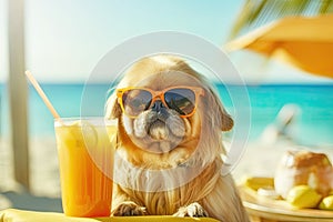 Pekingese dog is relaxing on the beach with a cocktail. A seaside holiday concept with animals. Generative AI
