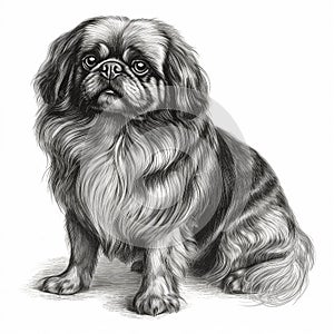 Pekingese, engaving style, close-up portrait, black and white drawing photo