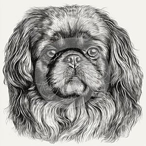 Pekingese, engaving style, close-up portrait, black and white drawing, photo