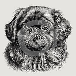 Pekingese, engaving style, close-up portrait, black and white drawing, photo