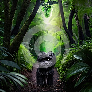 Pekingese walking in the jungle. A small black dog walks in the jungle. Generative AI