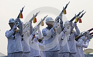 Malaysian Royal Navy TLDM platoon marching during the 85th Malaysian Royal