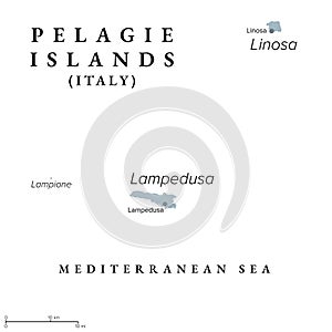 Pelagie Islands with Lampedusa, Linosa and Lampione, gray political map