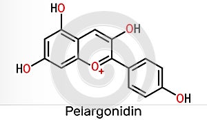 Pelargonidin molecule. It is anthocyanidin cation, plant pigment, orange color. Skeletal chemical formula