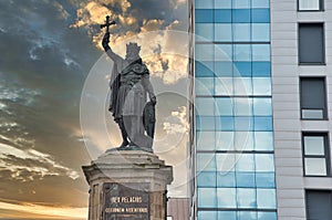 Pelayo sculpture next to Revillagigedo Palace, Gijon, Asturias, Spain