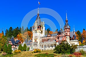 Peles Castle, Sinaia, Prahova County, Romania: Famous Neo-Renaissance castle in autumn colours