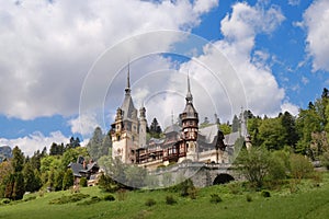 Peles castle in Sinaia, Romania, a popular sightseeing destination for tourism in the Carpathian Mountains. Architecture blend