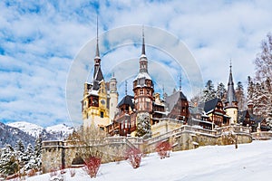 Peles castle Sinaia in winter season, Transylvania, Romania