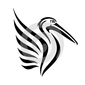 Pelican bird profile head and wing  black and white vector design