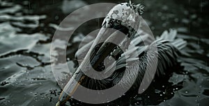 A pelican covered in oil floats in a dirty muddy pond. Ocean pollution, the impact of oil spills on marine flora and faunaA