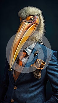 Pelican dressed in an elegant suit with a nice tie