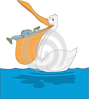 Pelican with Fish in Beak Cartoon Illustration