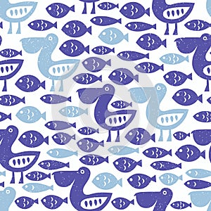 Pelican and fish seamless pattern. Cloth background, wallpaper, wrapping