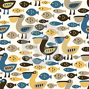 Pelican and fish seamless pattern. Cloth background, wallpaper, wrapping
