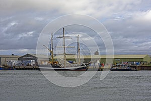 The Pelican of London a Class A Tall Ship alongside the quay at the Port of Montrose in Angus