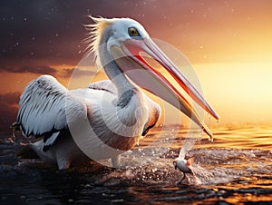 The pelican swallows a fish