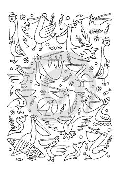 Pelicans family. Funny characters. Colouring page. Vertical frame background